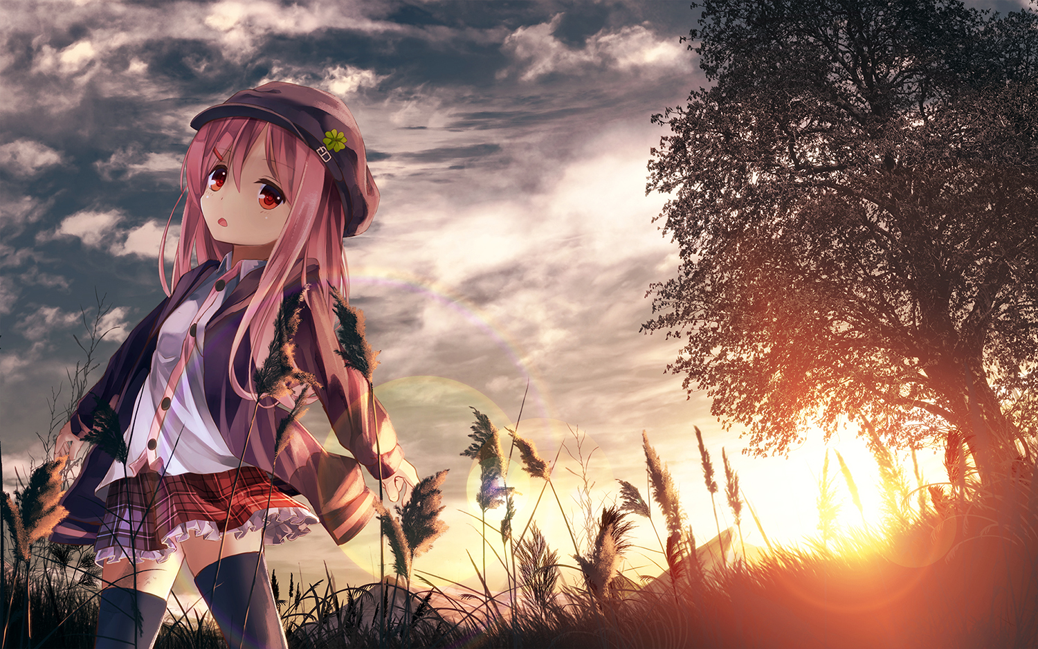 clouds, grass, hat, kagayan1096, long_hair, original, pink_hair, red_eyes