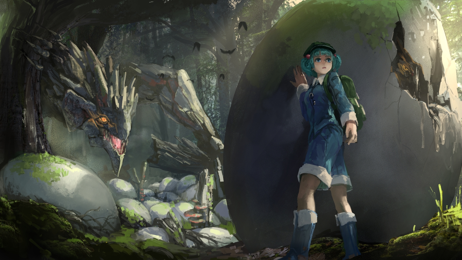 aqua_hair, blue_eyes, boots, dragon, forest, hat, kaatoso, kawashiro_nitori