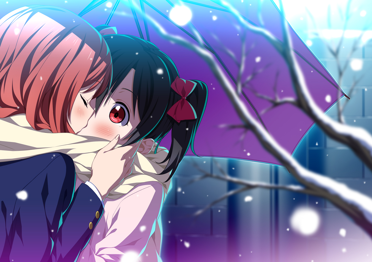 2c=galore, 2girls, black_hair, blush, bow, kiss, love_live!_school_idol_project, nishikino_maki, red_eyes, scarf, shoujo_ai, snow, tree, twintails, umbrella, yazawa_nico