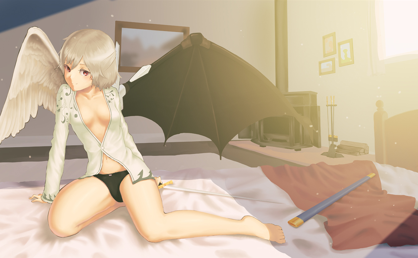 barefoot, bed, gray_hair, kishin_sagume, kujou_natsume, navel, no_bra, open_shirt, panties, red_eyes, short_hair, sword, touhou, underwear, weapon, wings