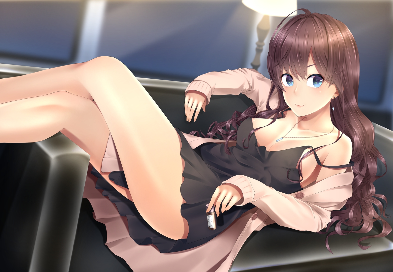 aliasing, blue_eyes, breasts, brown_hair, cat_smile, cleavage, couch, dress, erect_nipples, ichinose_shiki, idolmaster, idolmaster_cinderella_girls, long_hair, necklace, nishinomiya_suzu