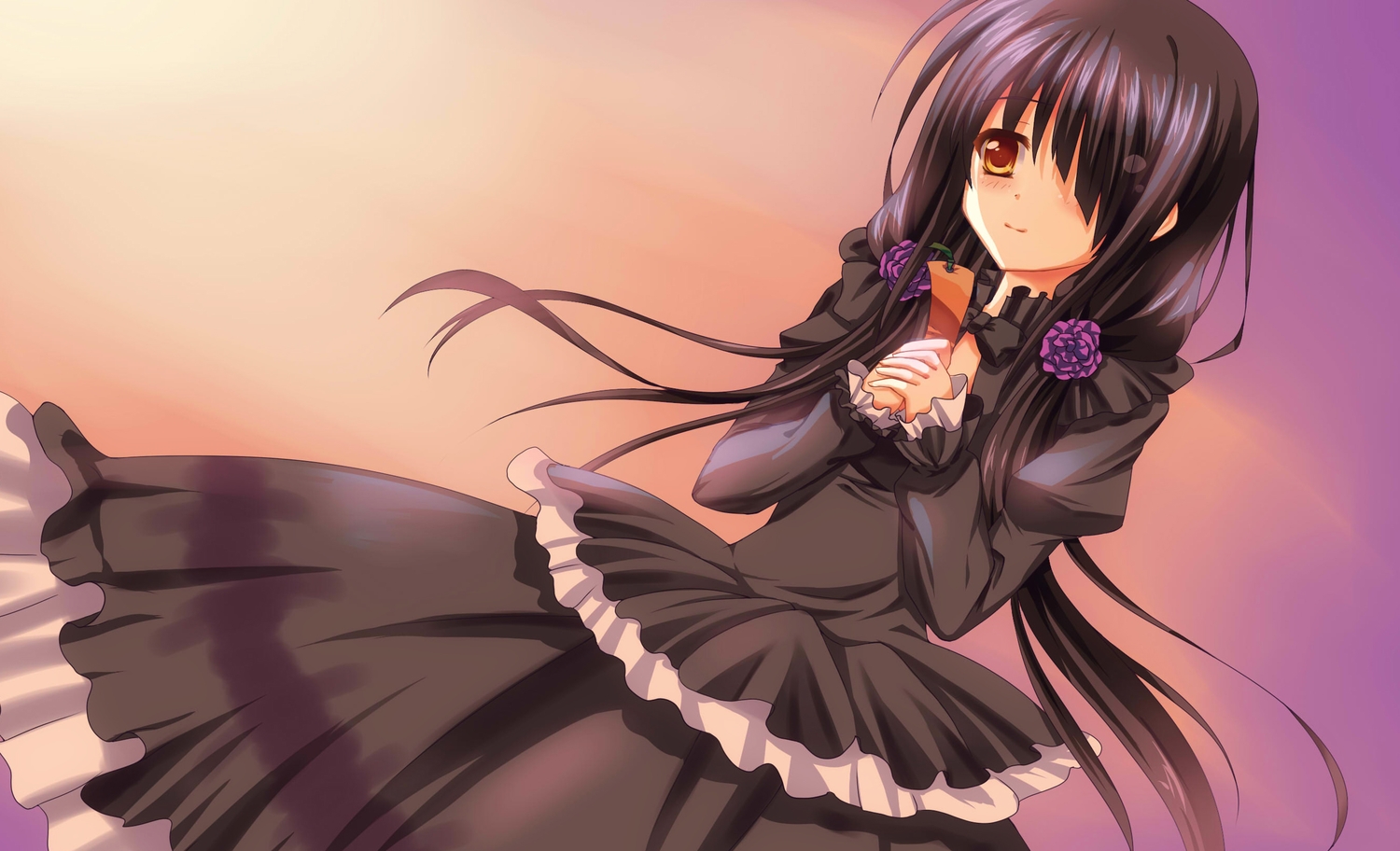 black_hair, date_a_live, dress, goth-loli, gradient, jpeg_artifacts, lolita_fashion, orange_eyes