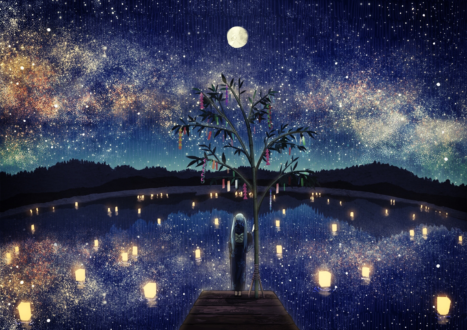 amemura_(caramelo), hatsune_miku, japanese_clothes, kimono, moon, night, scenic, stars