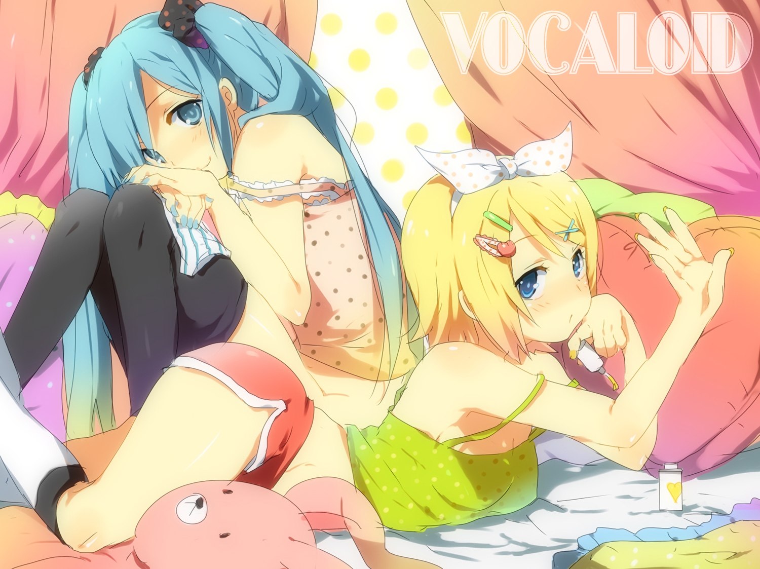 2girls, aqua_eyes, aqua_hair, blonde_hair, blush, bunny, hatsune_miku, kagamine_rin, kl, long_hair, panties, short_hair, shorts, thighhighs, twintails, underwear, vocaloid, waifu2x
