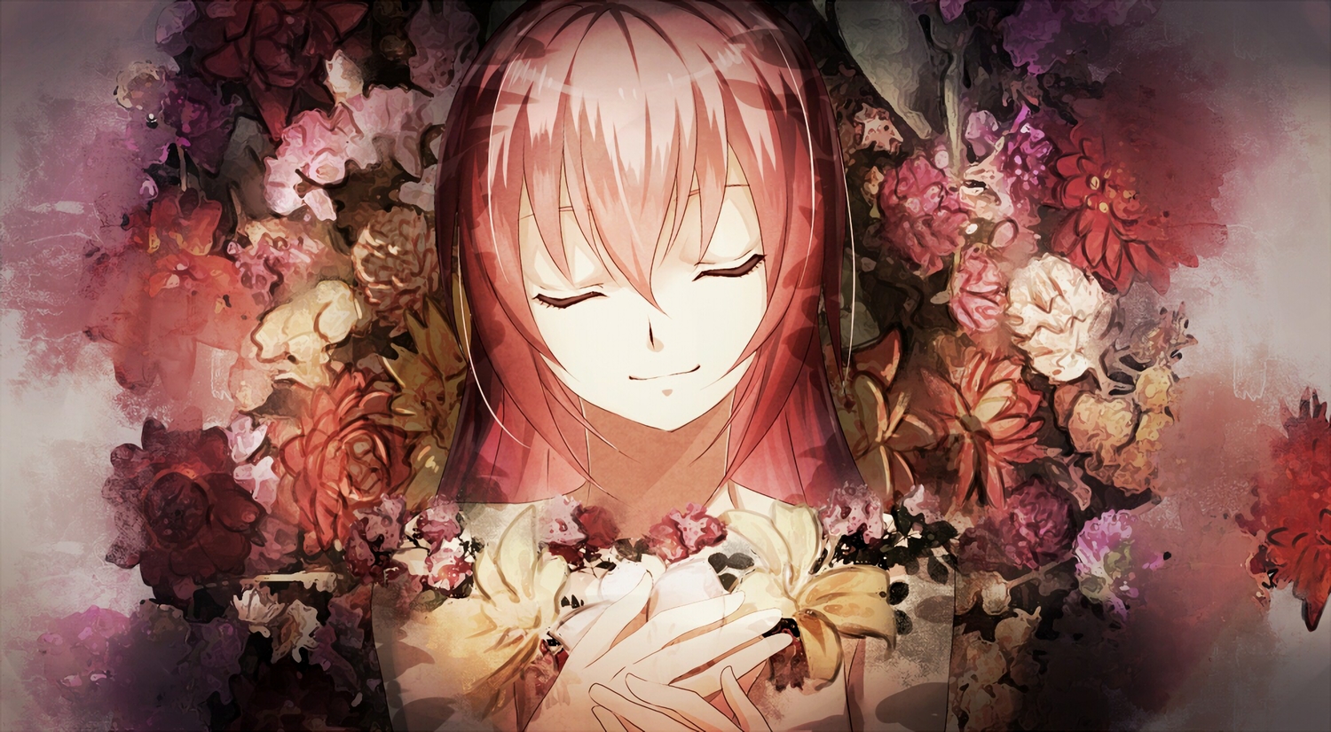 flowers, fumio_(kanmi), long_hair, megurine_luka, pink_hair, polychromatic, vocaloid, waifu2x