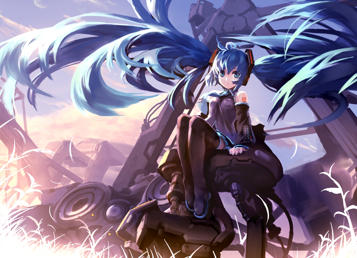 blue_eyes, blue_hair, hatsune_miku, long_hair, ruins, twintails, vocaloid, waifu2x