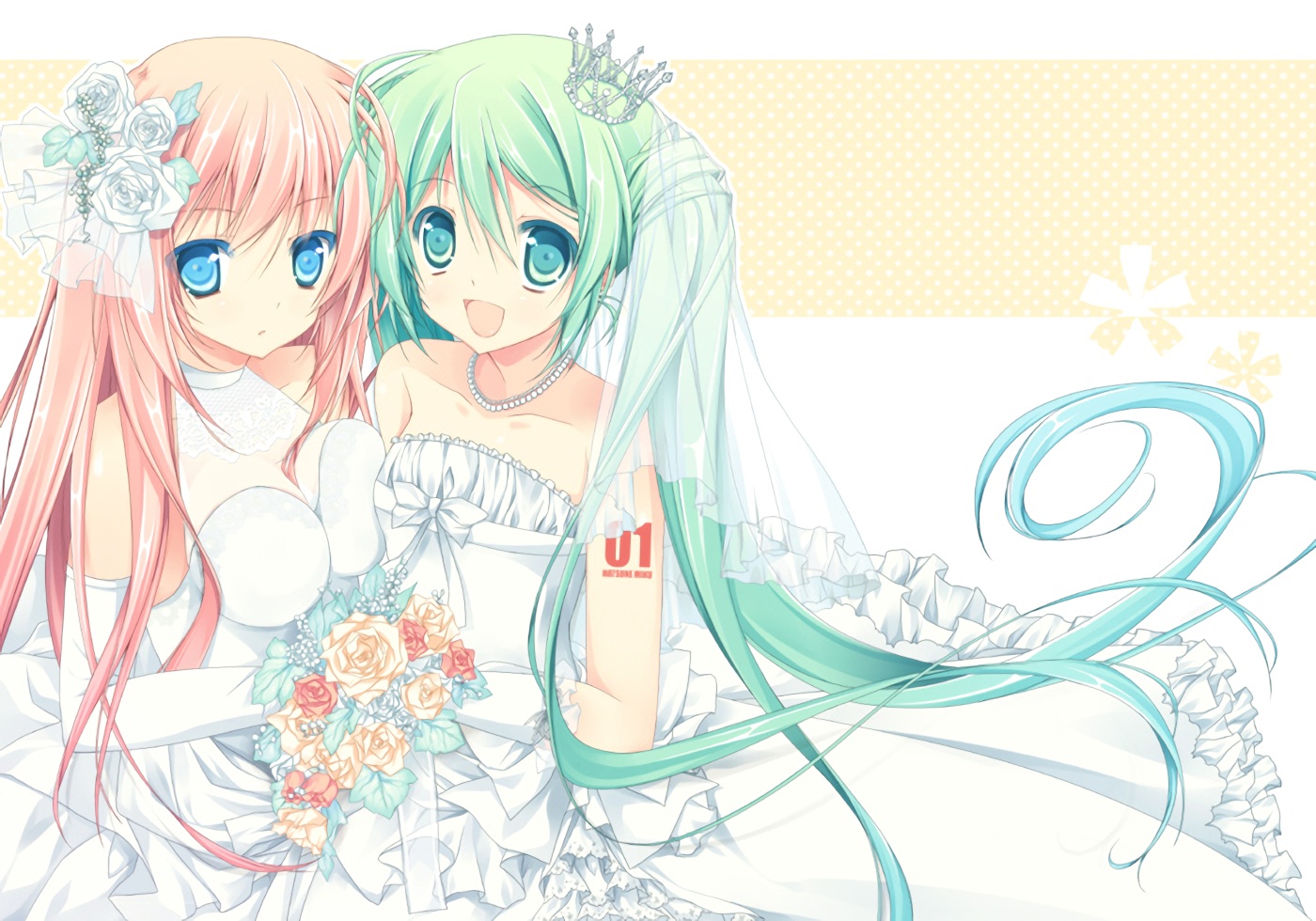 2girls, aqua_eyes, blue_eyes, breasts, choker, elbow_gloves, flowers, gloves