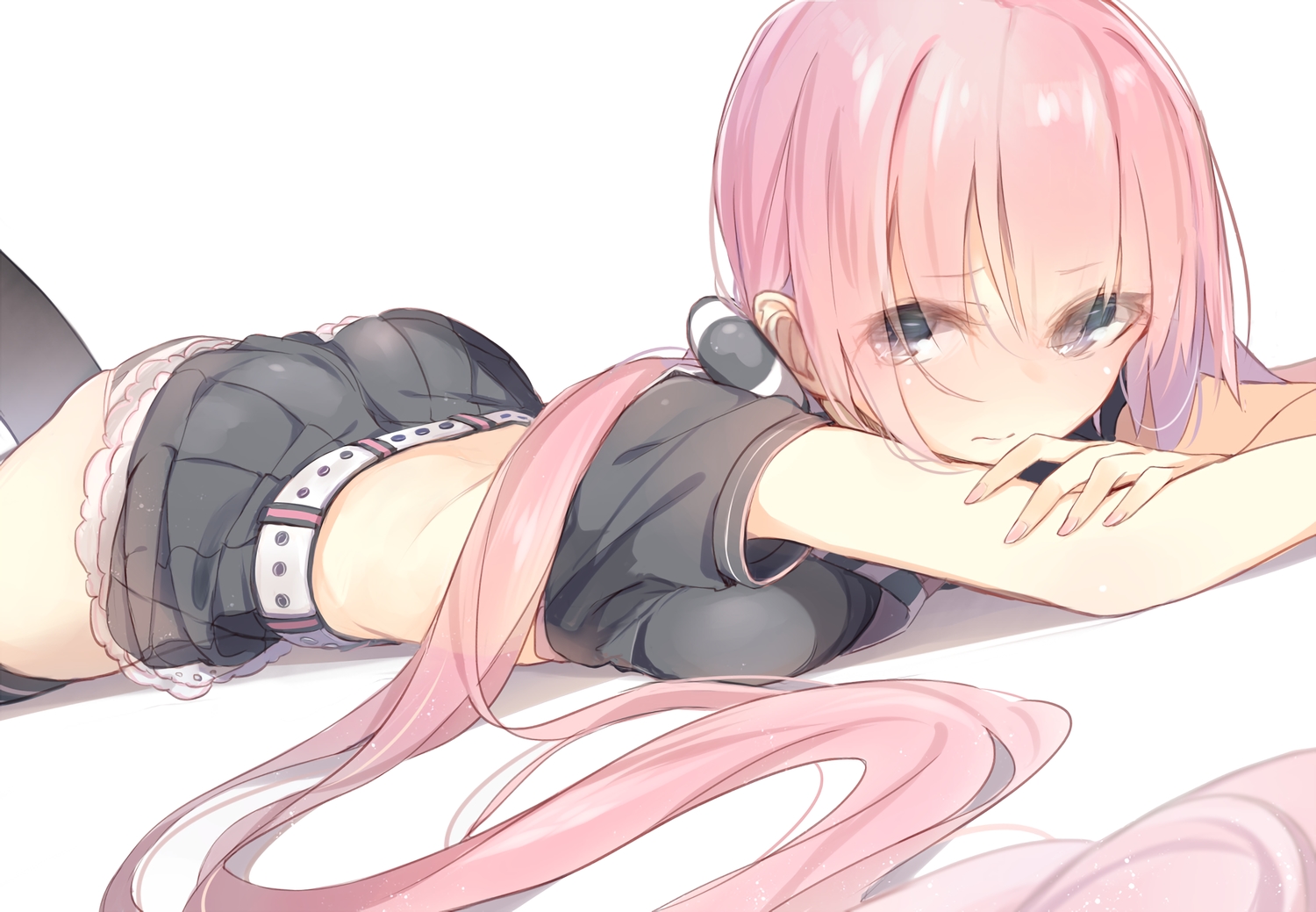 black_eyes, blush, gray_eyes, kojiki-life, long_hair, megurine_luka, panties, pink_hair, skirt, thighhighs, underwear, vocaloid, waifu2x, white, zettai_ryouiki