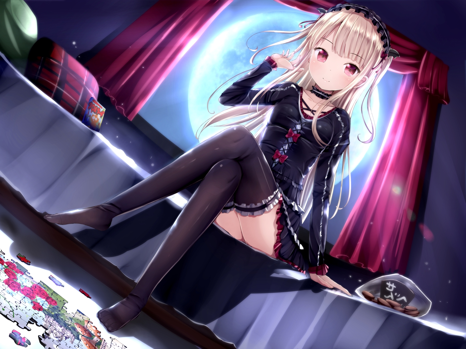 bed, blonde_hair, dress, food, garter, goth-loli, headdress, loli, lolita_fashion, moon, morerin, original, red_eyes, thighhighs