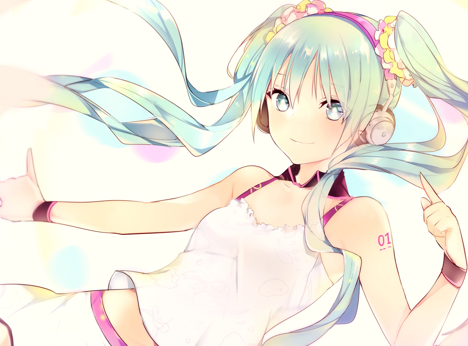 blue_eyes, blue_hair, hatsune_miku, headphones, long_hair, lpip, redial_(vocaloid), shirt