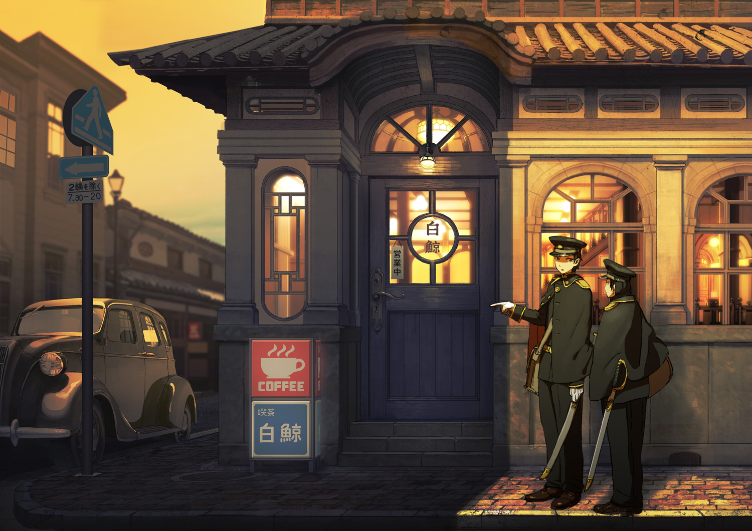 all_male, black_hair, building, cape, car, city, gloves, hat