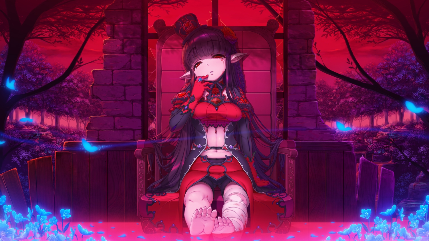 bandage, barefoot, bike_shorts, blood, flowers, gloves, hat, kirin_kakeru, lolita_fashion, original, pointed_ears, red, red_eyes, shorts, tears