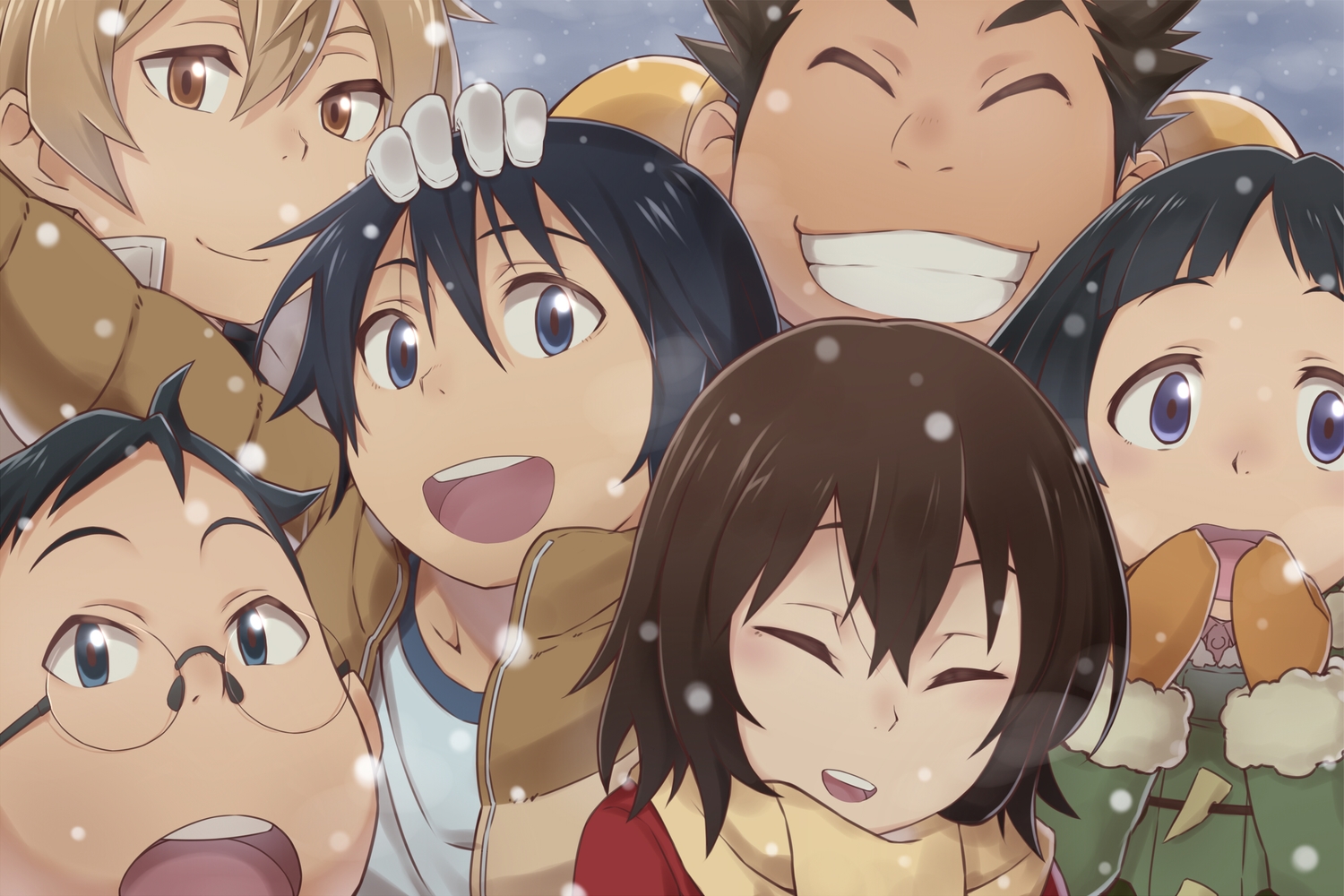 boku_dake_ga_inai_machi, close, fujinuma_satoru, group, hinazuki_kayo, kazu_(boku_dake_ga_inai_machi), kobayashi_kenya, male, osamu_(boku_dake_ga_inai_machi), snow, sugita_hiromi, takahan