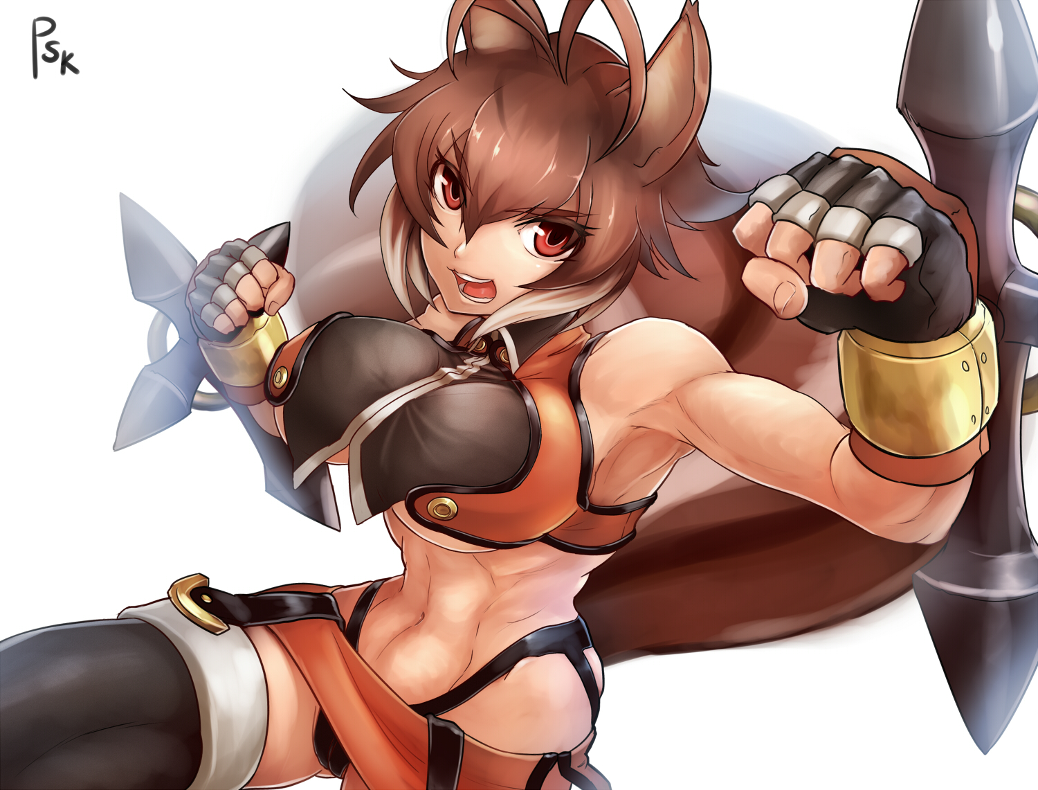 animal_ears, blazblue, breasts, brown_hair, cameltoe, garter_belt, gloves, makoto_nanaya, panties, red_eyes, short_hair, signed, sowel_(sk3), tail, thighhighs, underboob, underwear, weapon, wristwear
