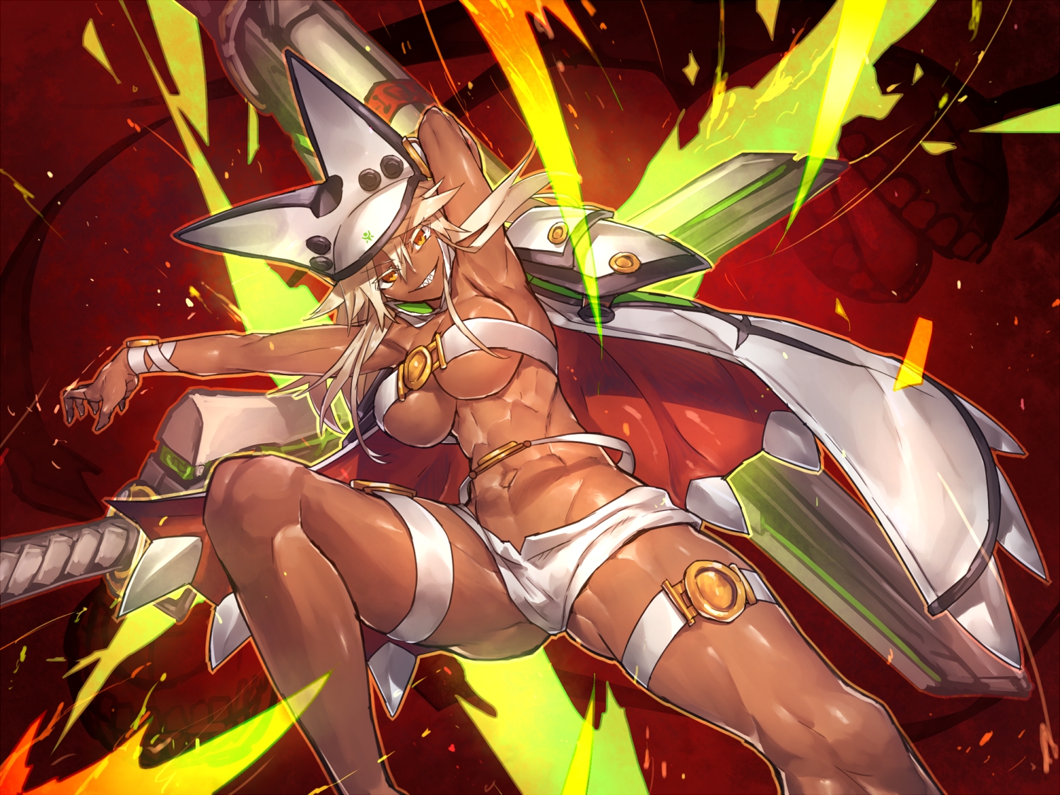 blonde_hair, breasts, cleavage, dark_skin, garter, guilty_gear, hat, long_hair