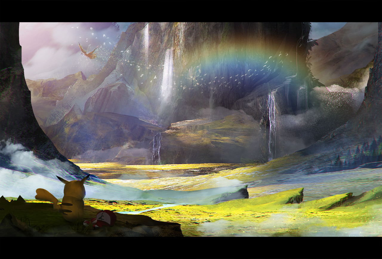 animal, bird, forest, grass, hat, ho-oh, landscape, no_humans