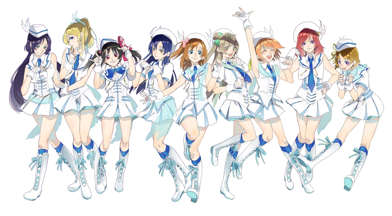 aqua_eyes, ayase_eri, black_hair, blonde_hair, blue_eyes, blue_hair, blush, bow