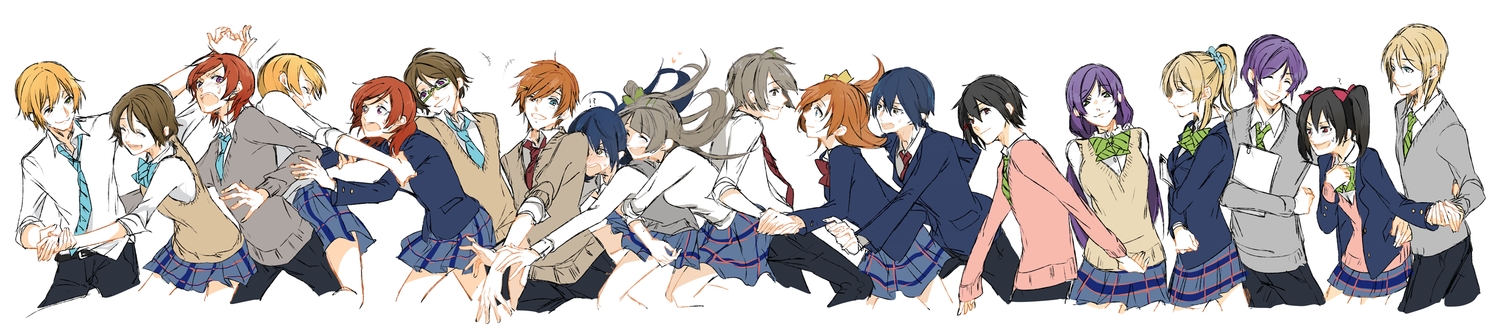 ayase_eri, black_hair, blonde_hair, blue_eyes, blue_hair, blush, brown_eyes, brown_hair