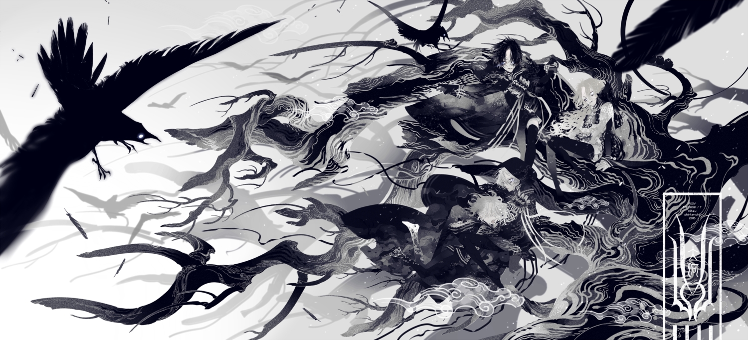 animal, bird, black_hair, feathers, gloves, gray_eyes, gray_hair, group, long_hair, molatoliamu, monochrome, original, pantyhose, pixiv_fantasia, ribbons, short_hair, thighhighs, tree