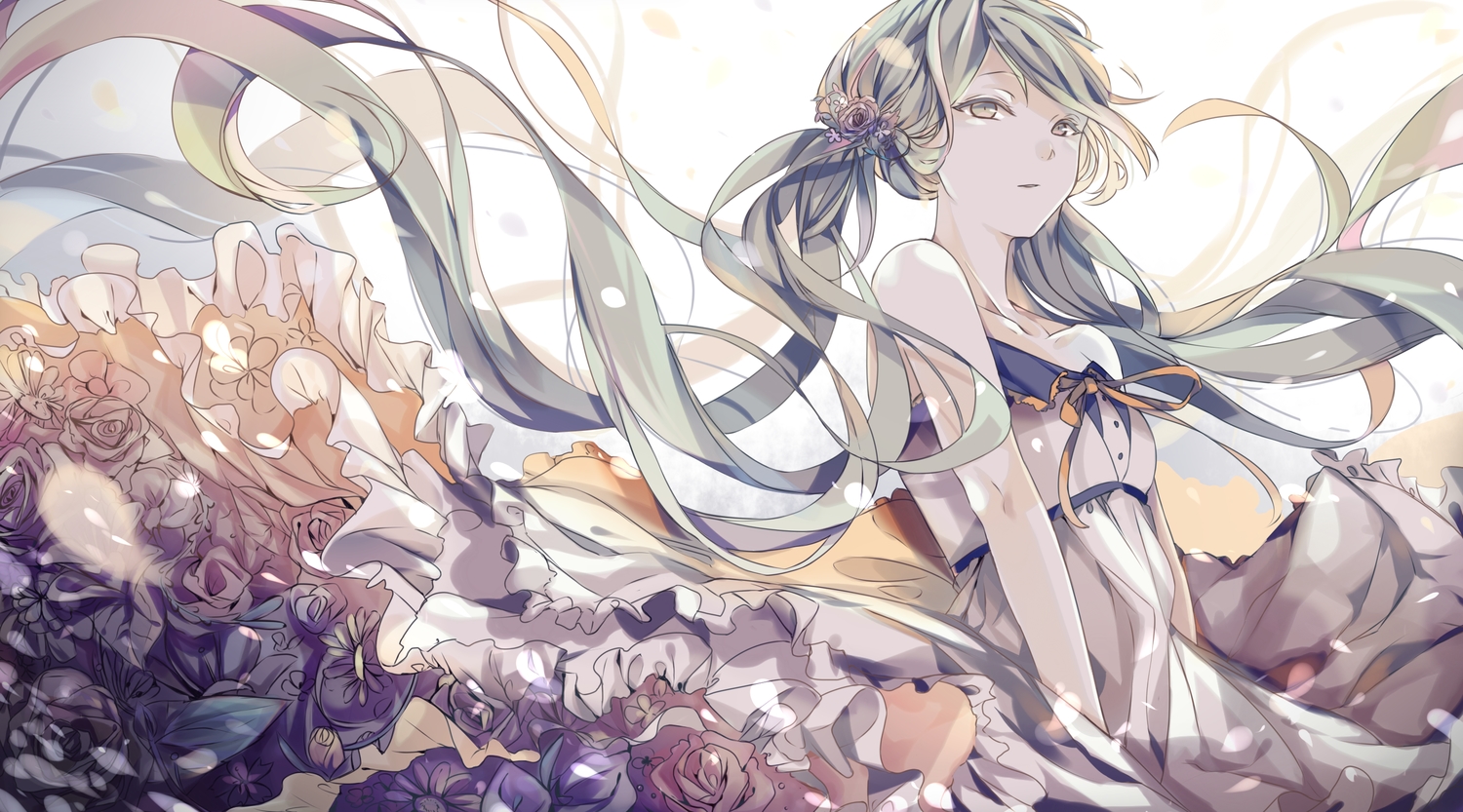 ameriya, dress, flowers, hatsune_miku, long_hair, petals, ribbons, twintails, vocaloid