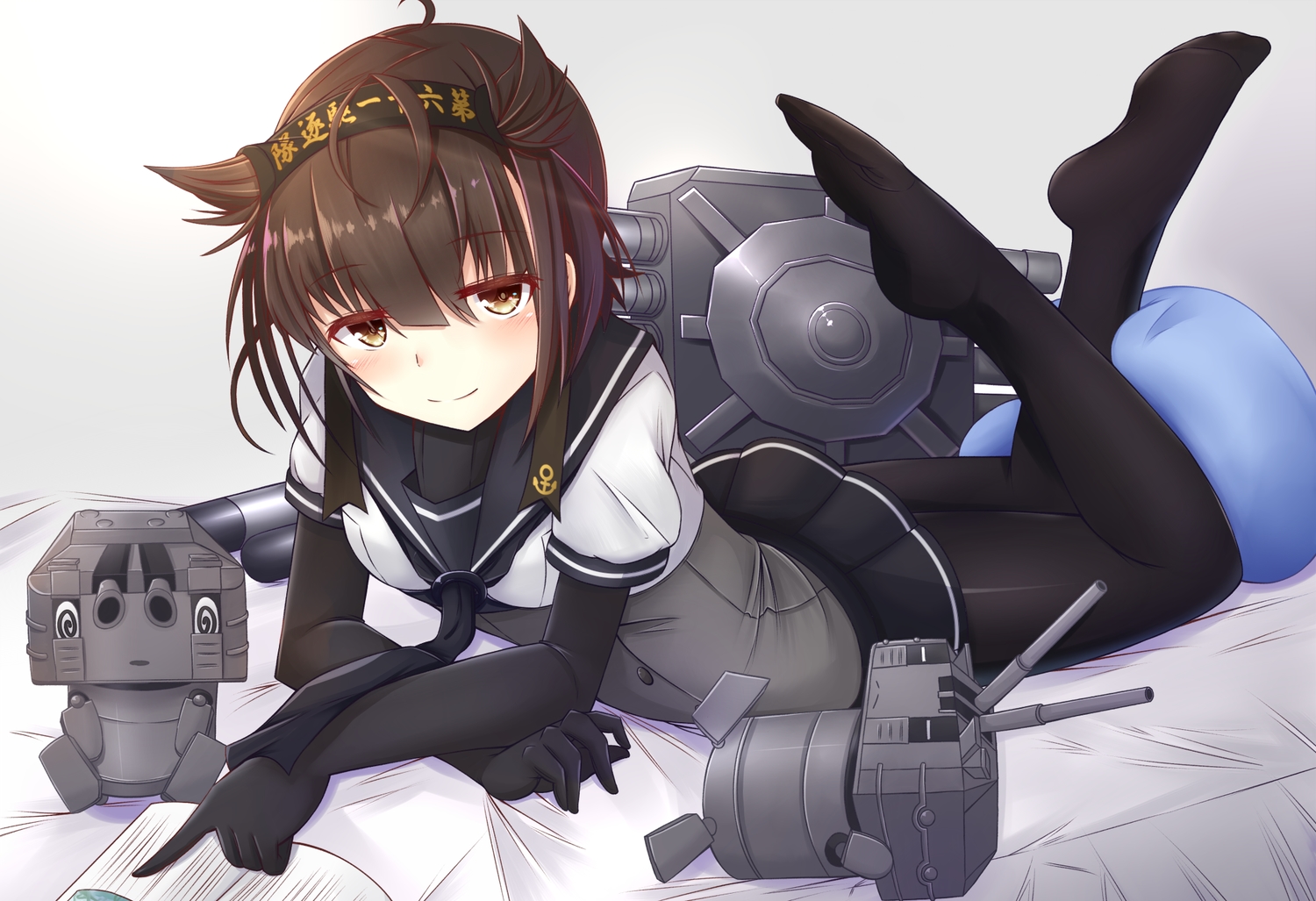 anthropomorphism, brown_eyes, brown_hair, doyachii, elbow_gloves, gloves, hatsuzuki_(kancolle), headband, kantai_collection, pantyhose, school_uniform, skirt