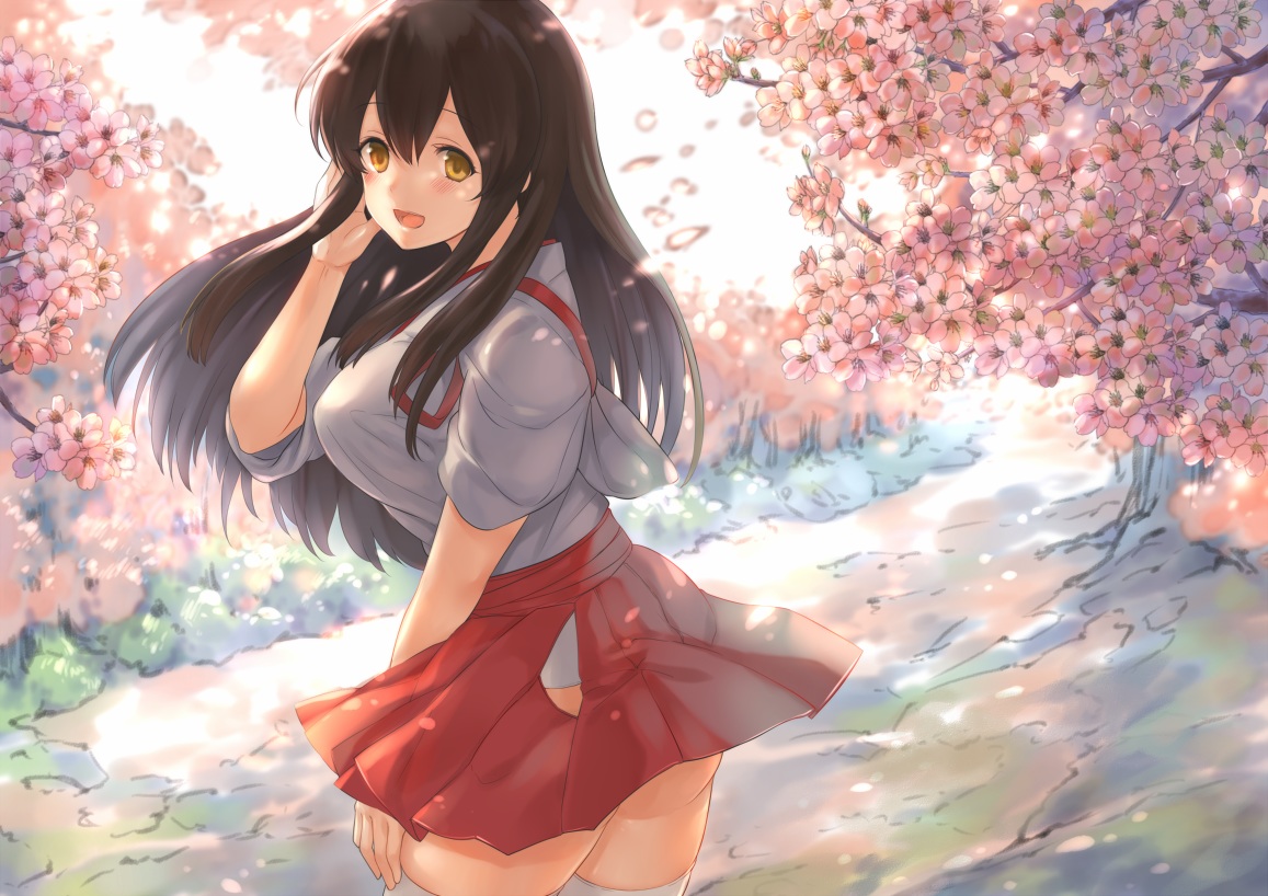 akagi_(kancolle), anthropomorphism, blush, breasts, brown_eyes, brown_hair, cherry_blossoms, flowers, fukuroumori, kantai_collection, long_hair, petals, skirt, thighhighs, tree