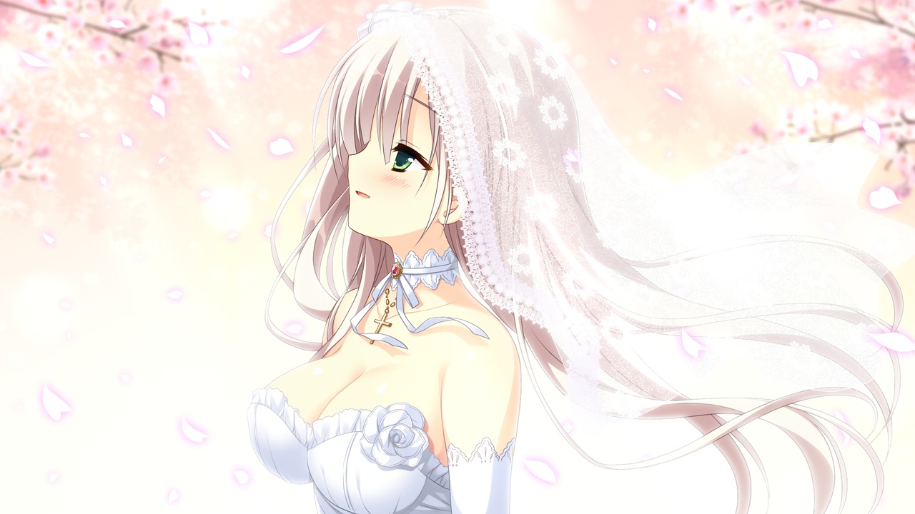 blush, breasts, cherry_blossoms, cleavage, flowers, game_cg, gray_hair, green_eyes