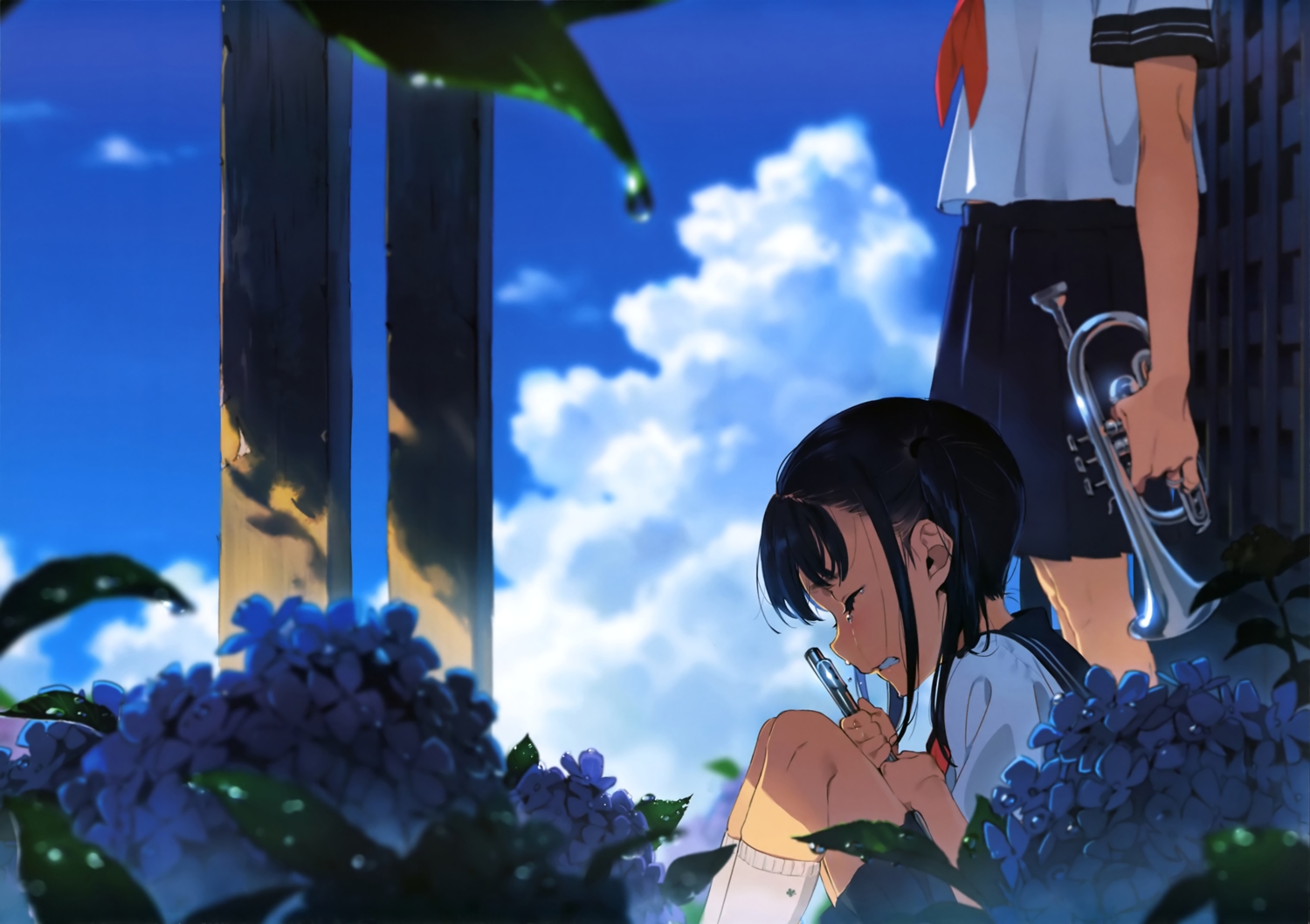 2girls, black_hair, clouds, flowers, instrument, leaves, original, scan