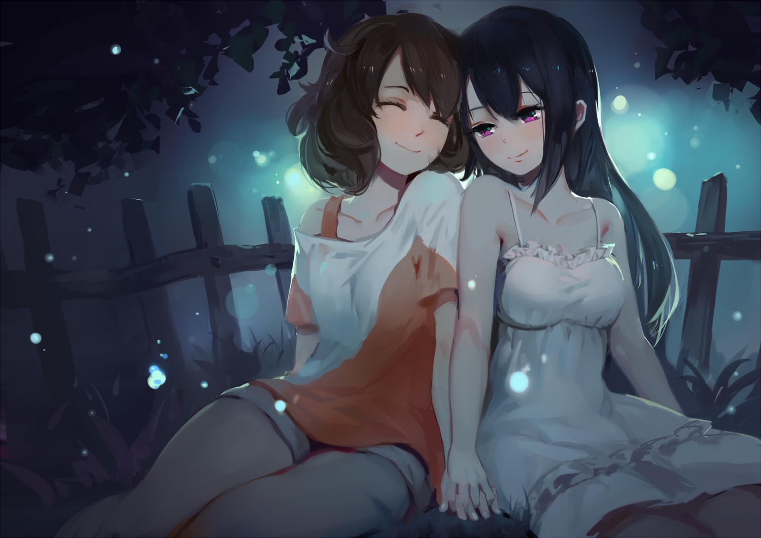 2girls, black_hair, blush, breasts, brown_hair, cleavage, dress, hibike!_euphonium, kousaka_reina, night, oumae_kumiko, purple_eyes, shorts, shoujo_ai, summer_dress, truc_bui, waifu2x