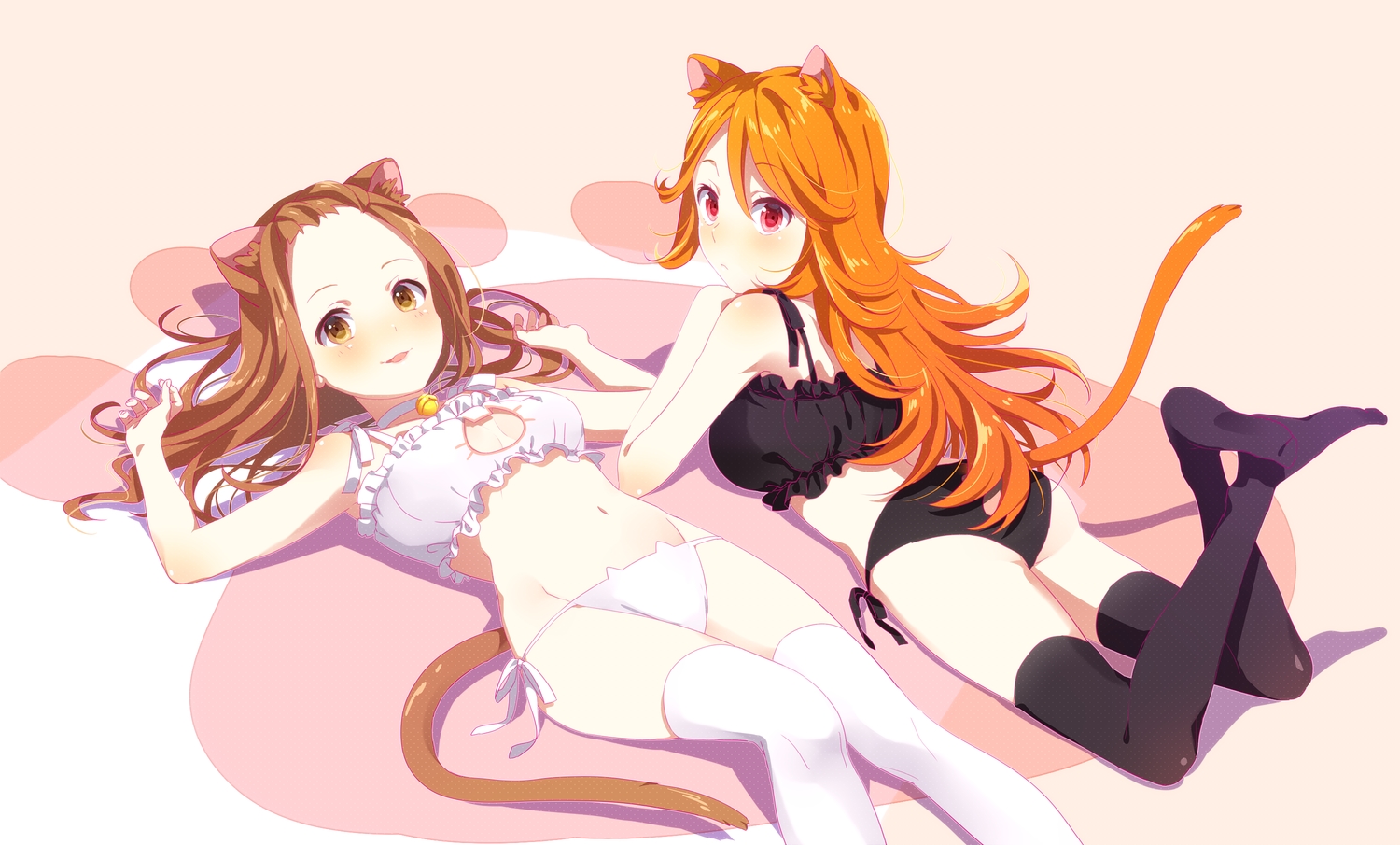 2girls, animal_ears, bell, bra, brown_hair, catgirl, kotori_(gokigen_iori), long_hair
