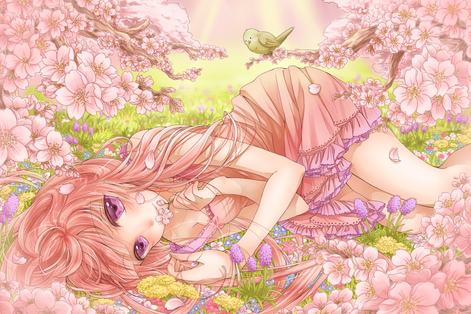 animal, bird, cherry_blossoms, dress, flowers, grass, long_hair, marchen_noir