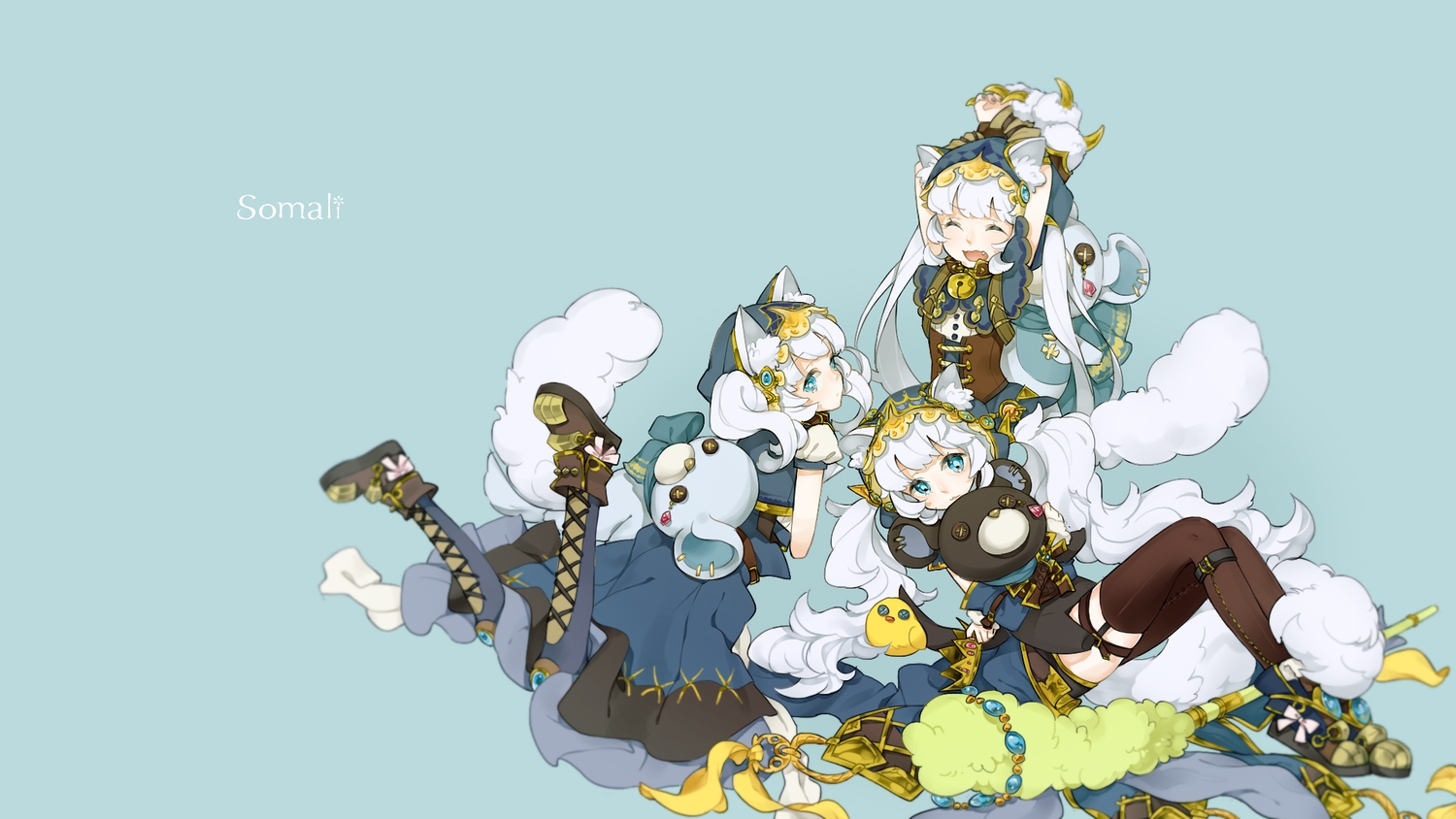 animal_ears, bell, blue, blue_eyes, boots, catgirl, corset, crown, cryptract, long_hair, marchen_noir, stockings, tagme_(character), thighhighs, twintails, white_hair