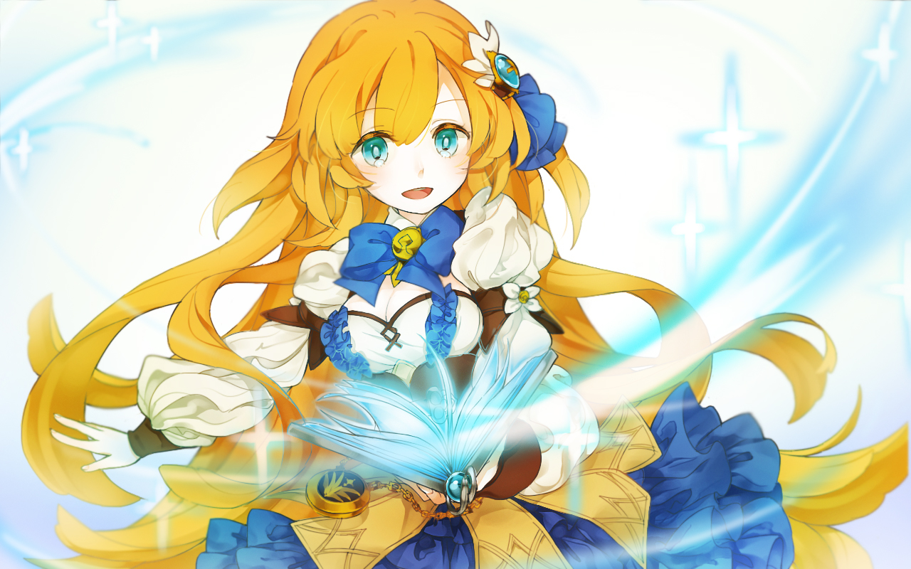 aliasing, aqua_eyes, bell, book, bow, breasts, cleavage, cryptract, dress, long_hair, magic, marchen_noir, orange_hair, tagme_(character), white