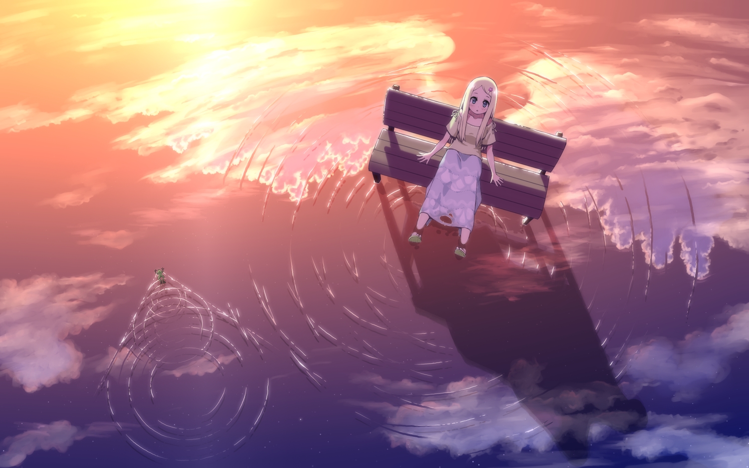 animal, blonde_hair, blue_eyes, clouds, dress, frog, long_hair, original