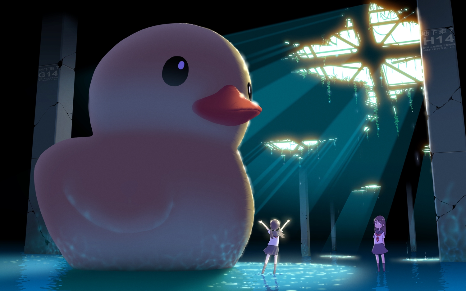 2girls, building, original, rubber_duck, ruins, school_uniform, syego, water