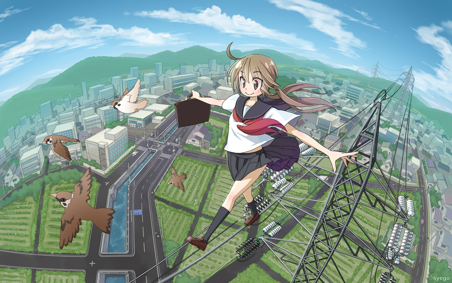 animal, bird, brown_eyes, brown_hair, building, city, green, landscape
