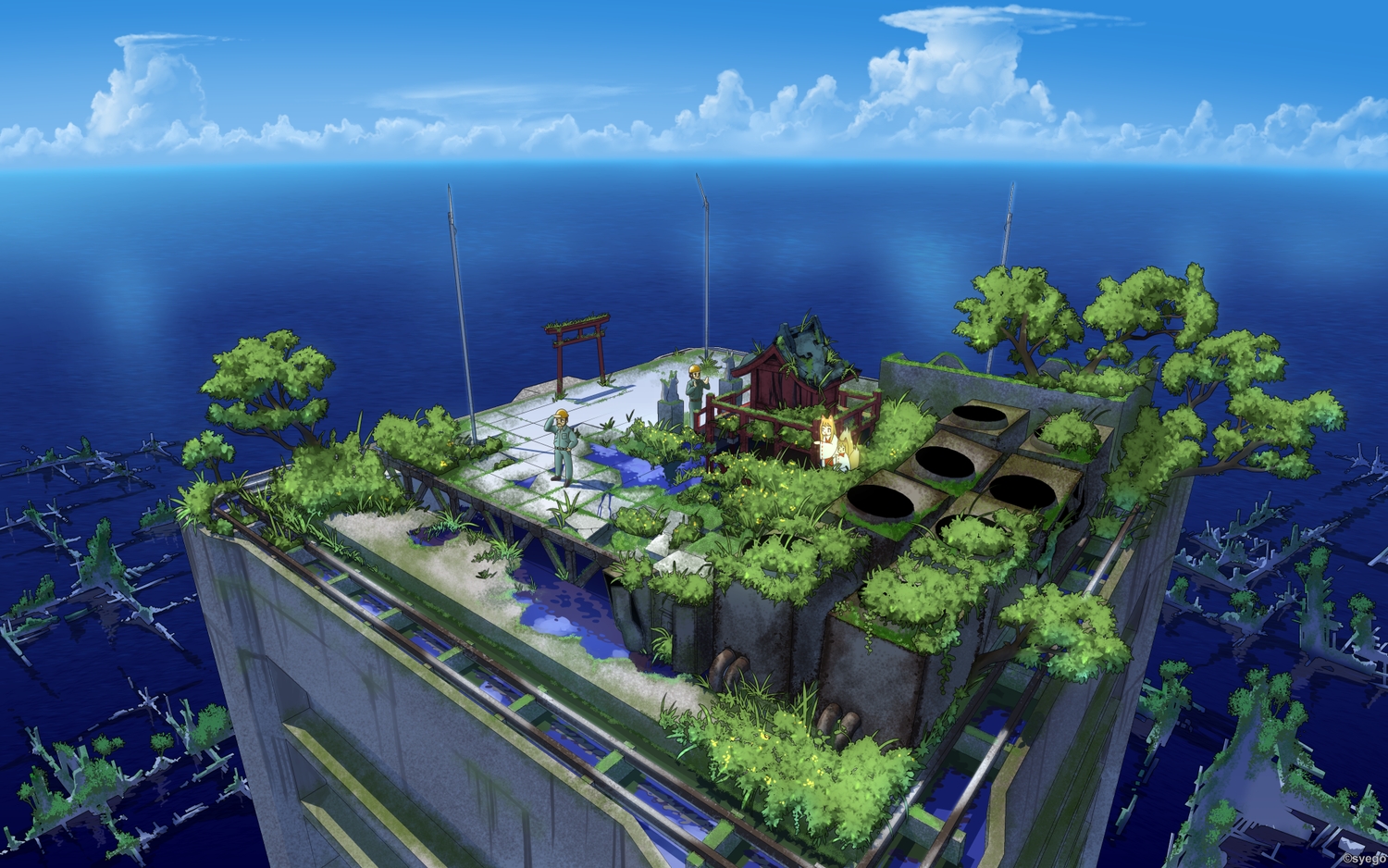 animal_ears, blonde_hair, blue, building, clouds, foxgirl, grass, group, japanese_clothes, long_hair, male, original, ruins, scenic, shrine, sky, syego, tail, torii, tree, water, watermark