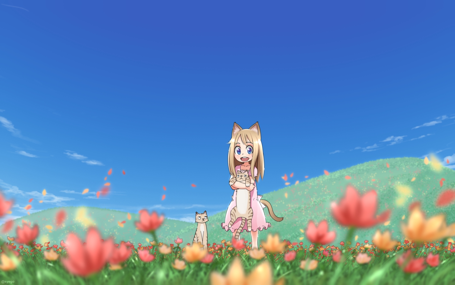 animal, animal_ears, blonde_hair, blue_eyes, cat, catgirl, dress, flowers