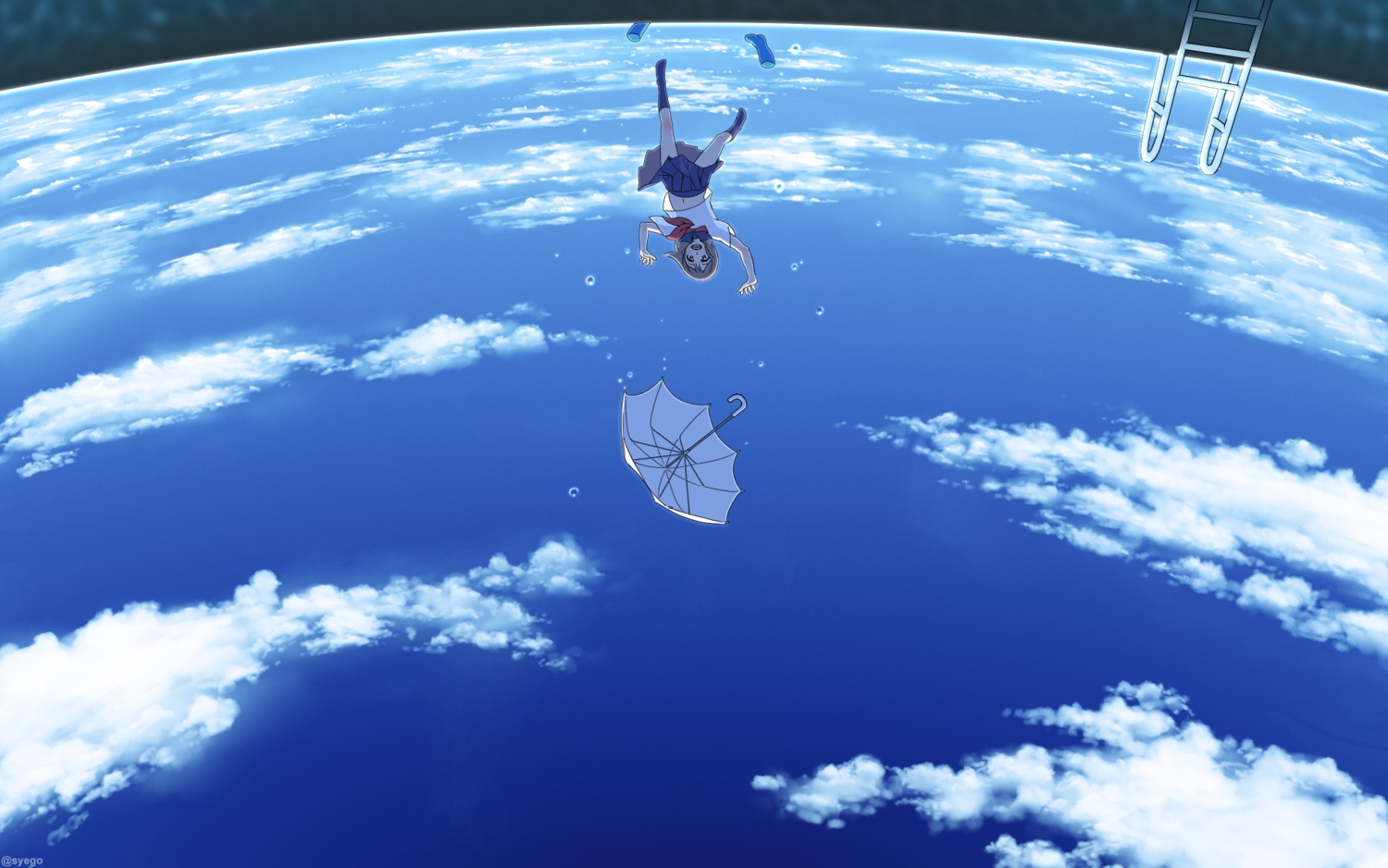 aliasing, blue, clouds, navel, original, scenic, school_uniform, sky