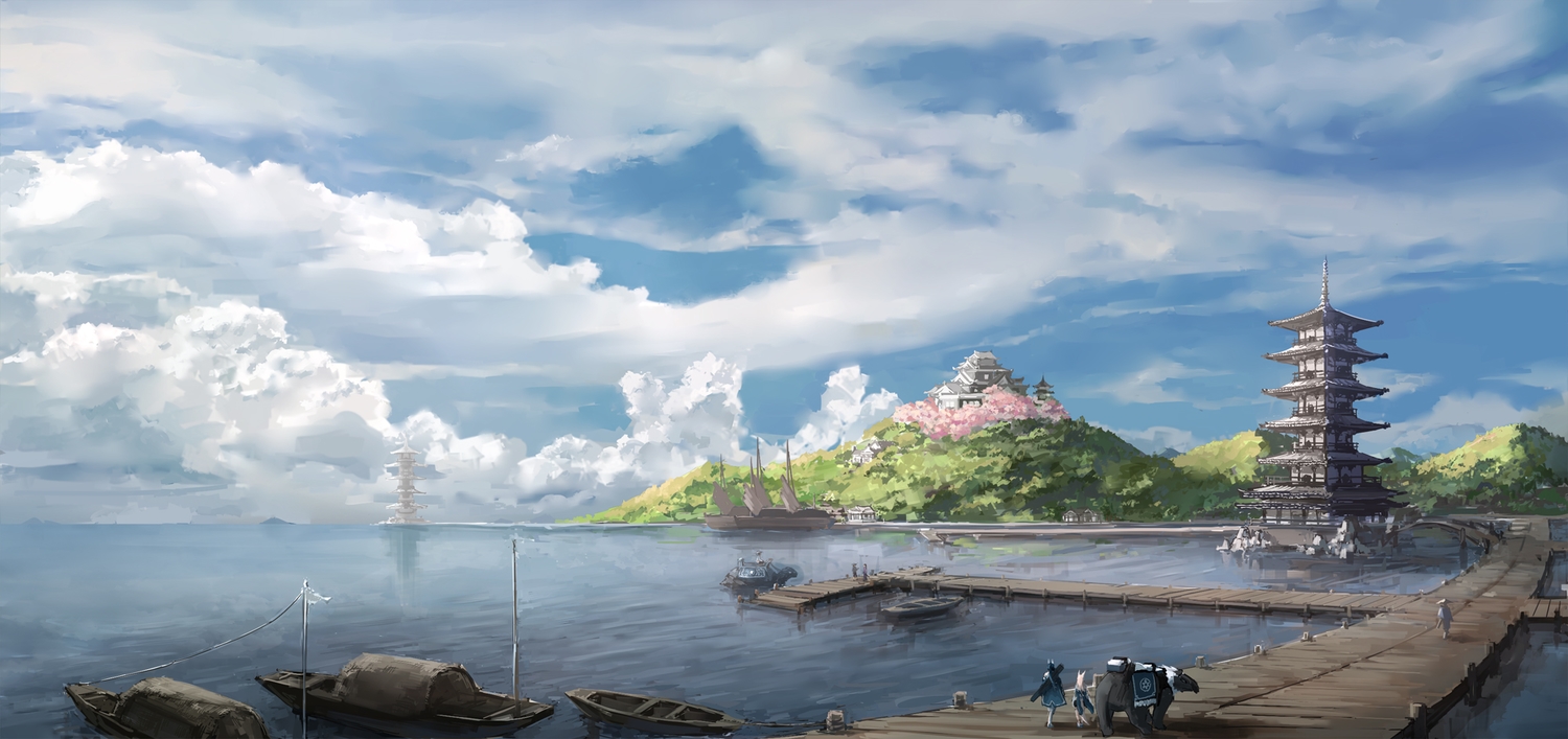 animal, animal_ears, boat, building, clouds, landscape, original, pixiv_fantasia, scenic, sky, ttc, water