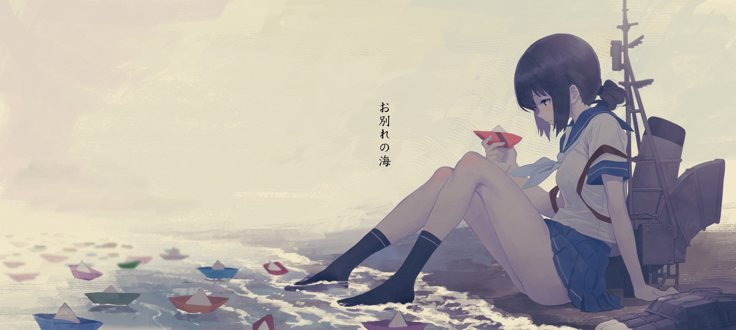 anthropomorphism, beach, black_hair, fubuki_(kancolle), kantai_collection, ladic, school_uniform, short_hair