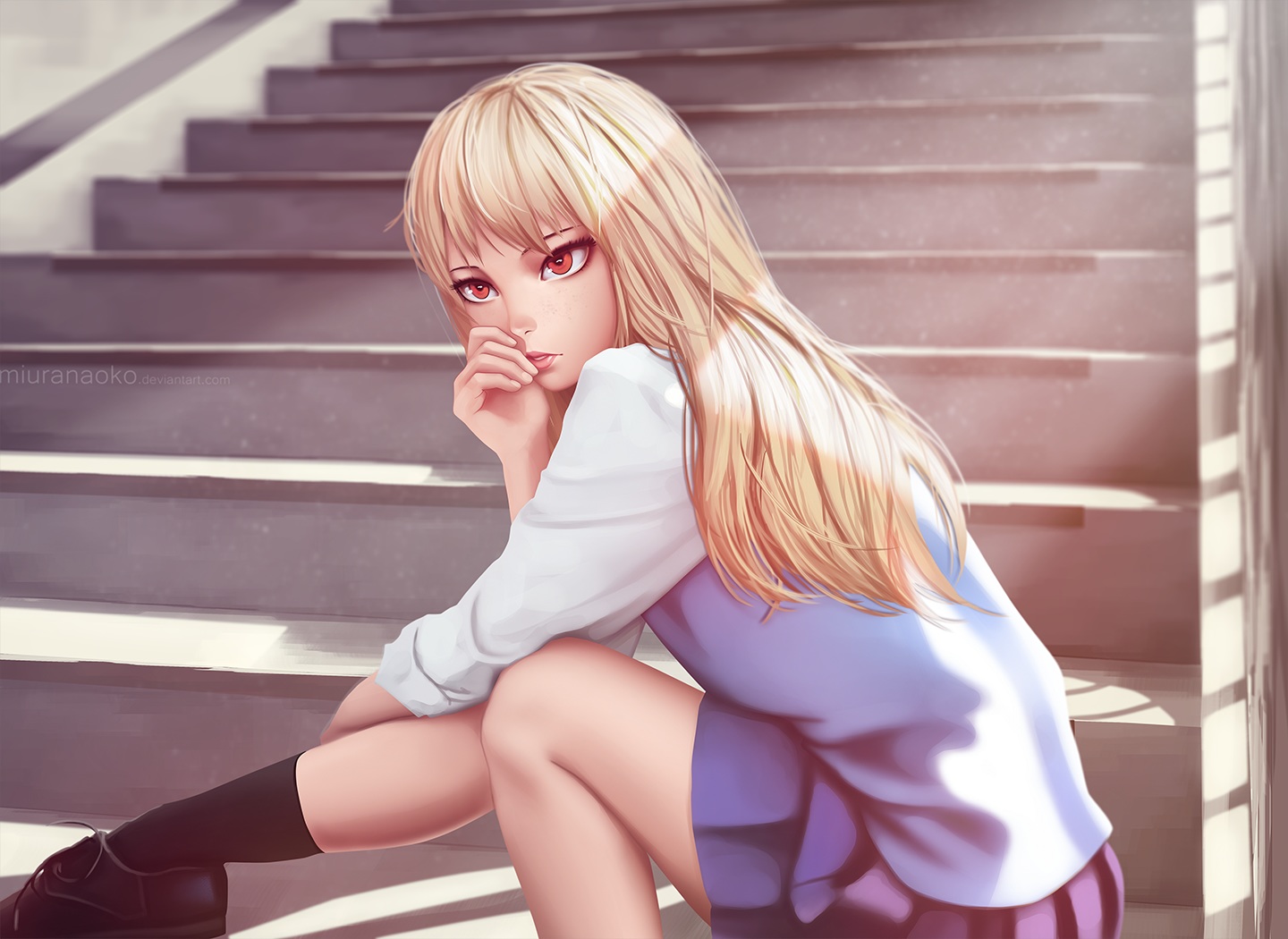 blonde_hair, long_hair, miura_naoko, red_eyes, sakura-sou_no_pet_na_kanojo, school_uniform, shiina_mashiro, skirt