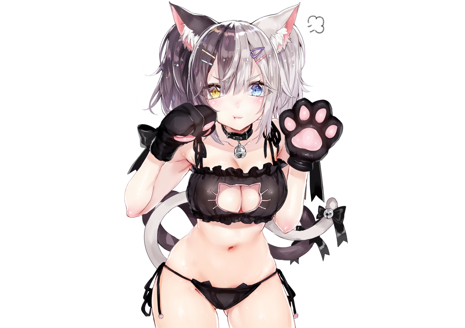 aliasing, animal_ears, bell, bicolored_eyes, blush, bow, breasts, catgirl, cleavage, collar, fang, gloves, hoyashi_rebirth, multiple_tails, navel, original, panties, ribbons, tail, twintails, underwear, white