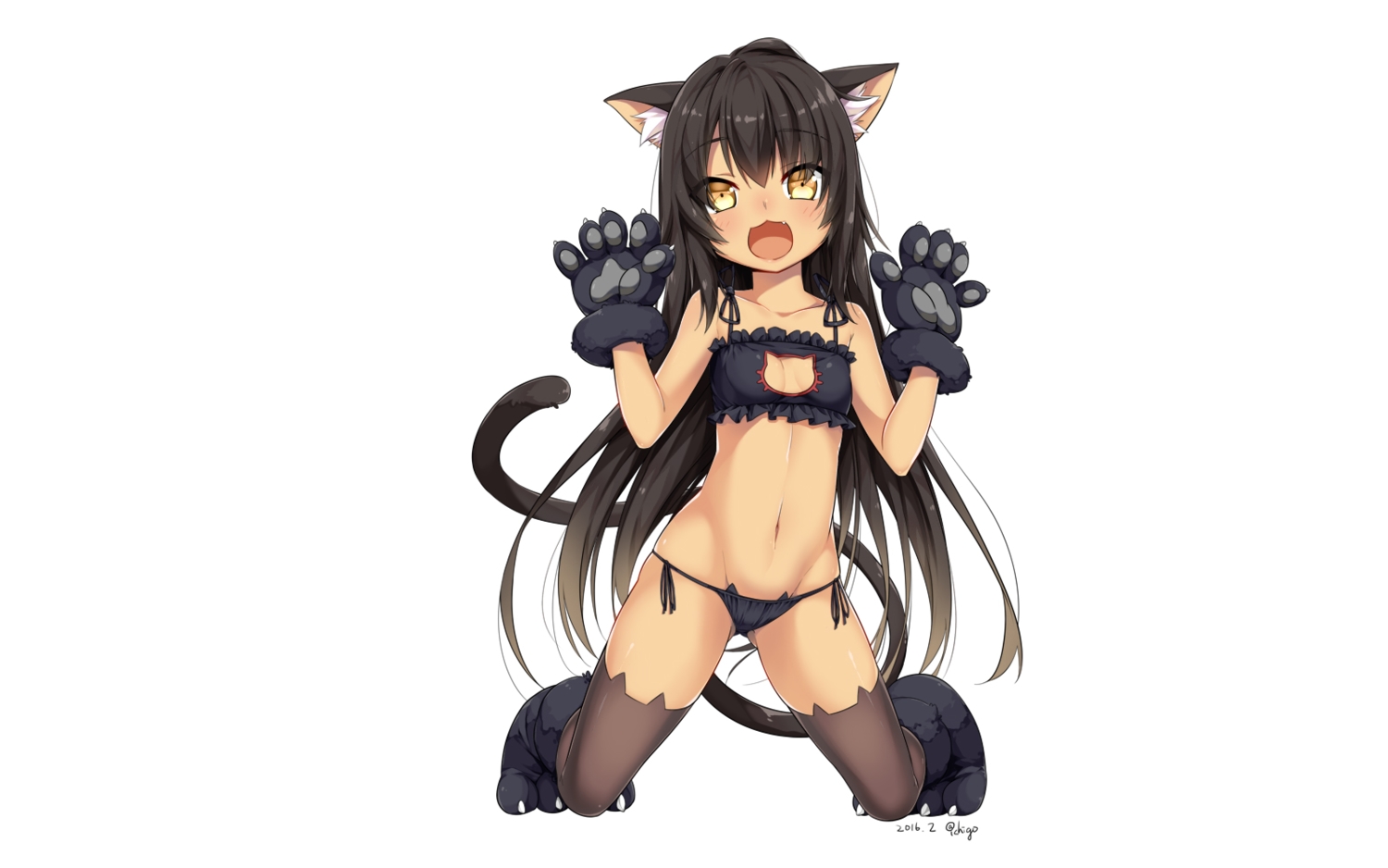 animal_ears, black_hair, blush, breasts, brown_eyes, catgirl, cat_smile, cleavage, dark_skin, fang, gloves, @ichigo, loli, long_hair, multiple_tails, navel, original, panties, signed, tail, thighhighs, underwear, white