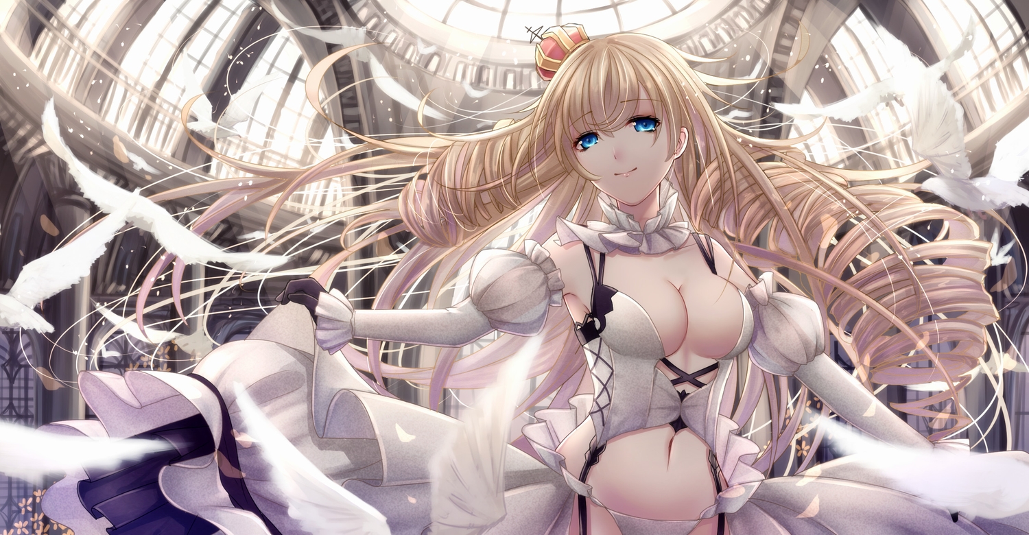 animal, anthropomorphism, bird, blonde_hair, blue_eyes, breasts, choker, cleavage, crown, dress, gloves, lion_(zhanjian_shaonu), long_hair, navel, saikou-iro_aurora, zhanjian_shaonu
