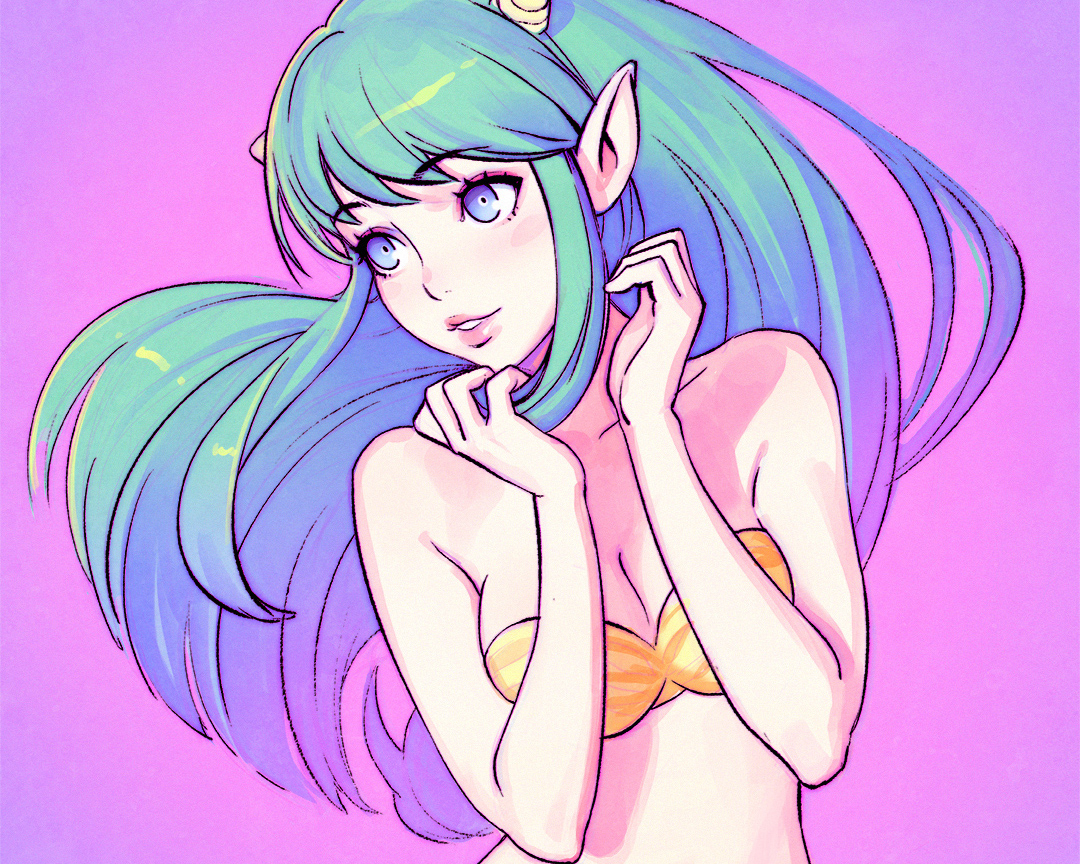 aqua_hair, bikini, blue_eyes, breasts, cleavage, cropped, demon, horns