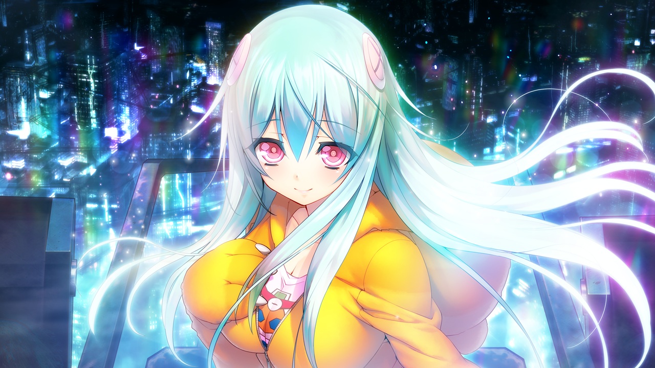aqua_hair, building, city, cosplay, game_cg, hood, hougyou_ilia, long_hair
