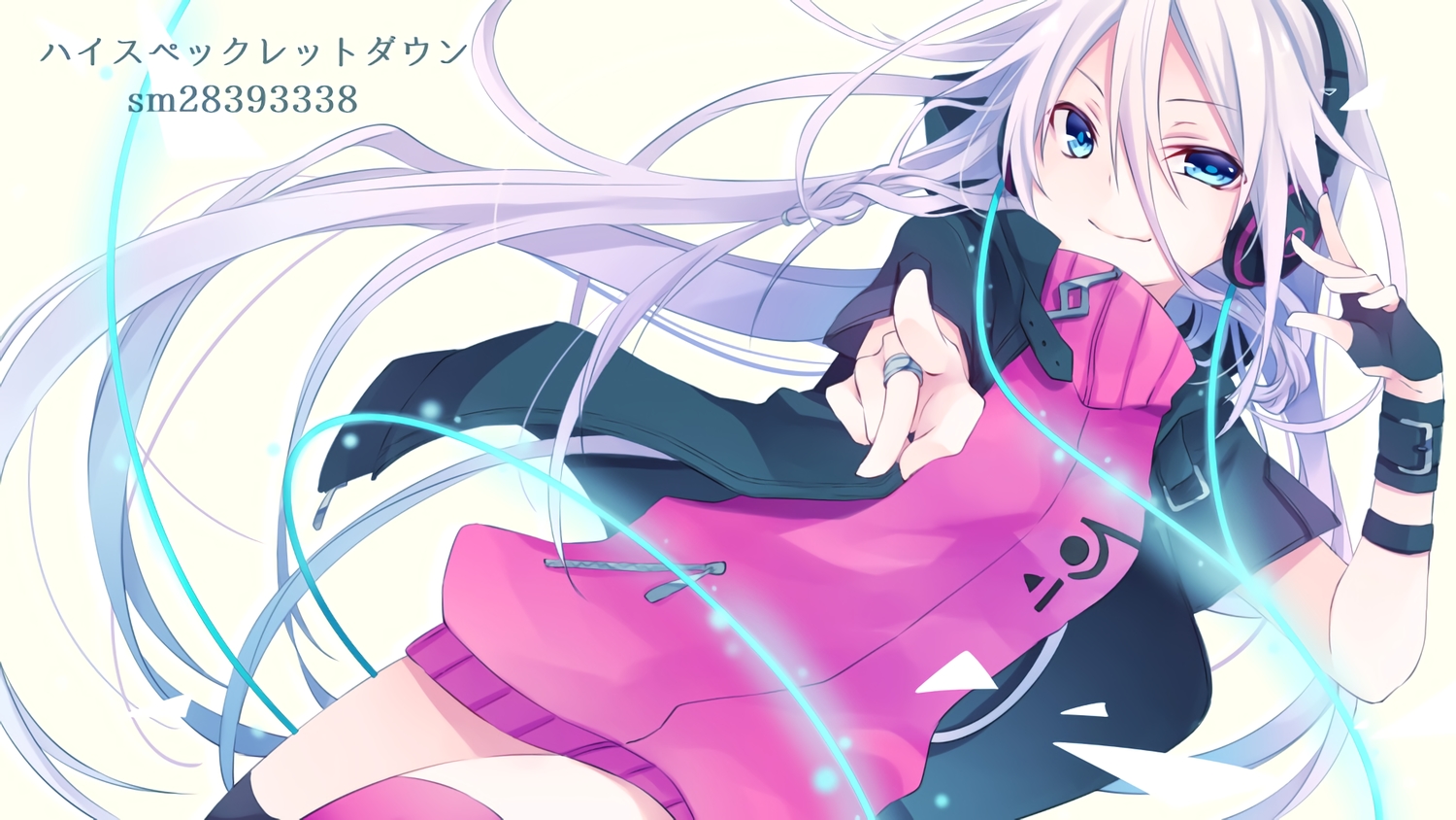 blue_eyes, gloves, headphones, ia, kuroi_(liar-player), long_hair, thighhighs, vocaloid, waifu2x, white_hair