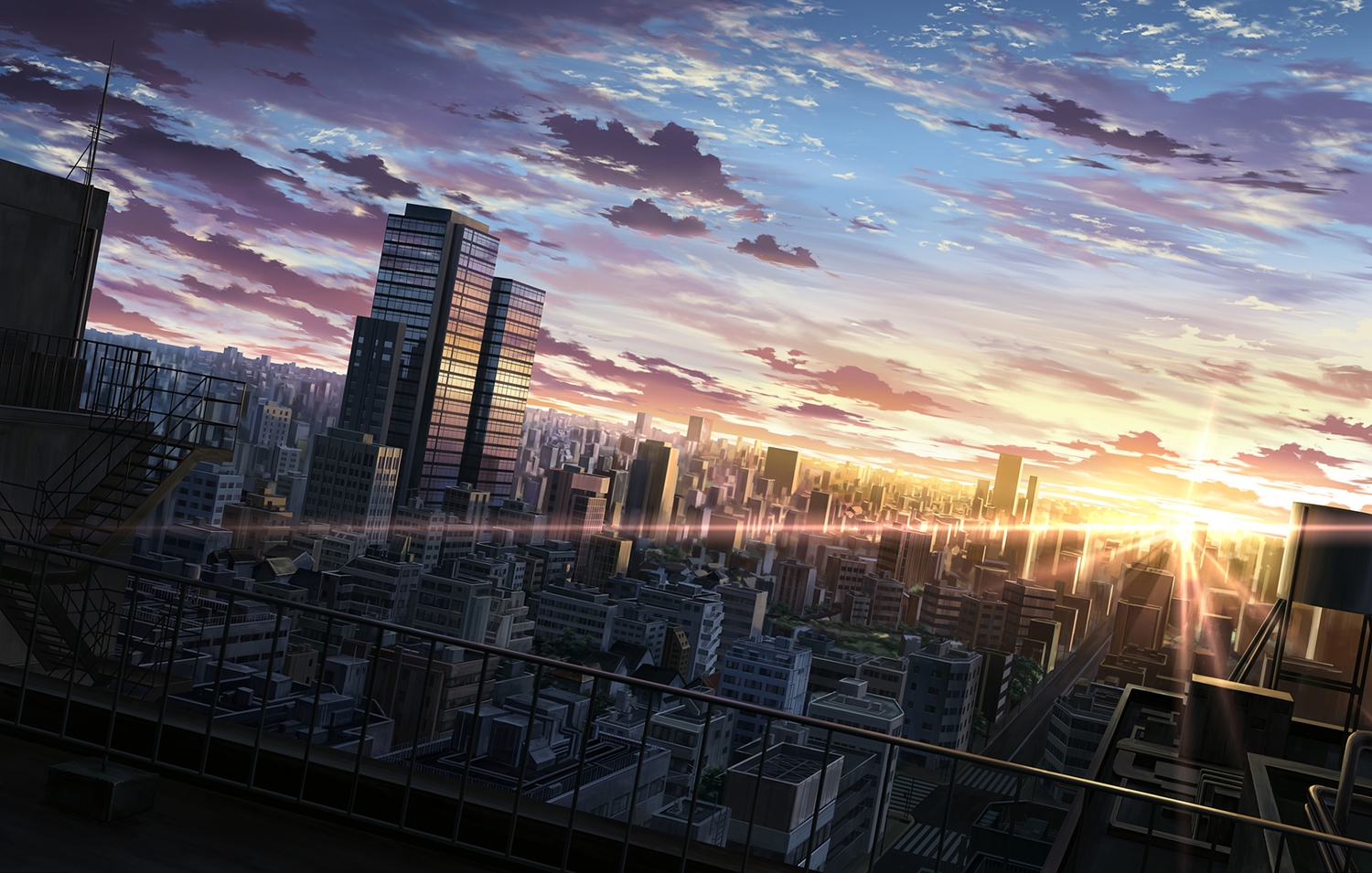 building, city, clouds, ichimiya_(araintell), no_humans, original, rooftop, scenic, sky, sunset