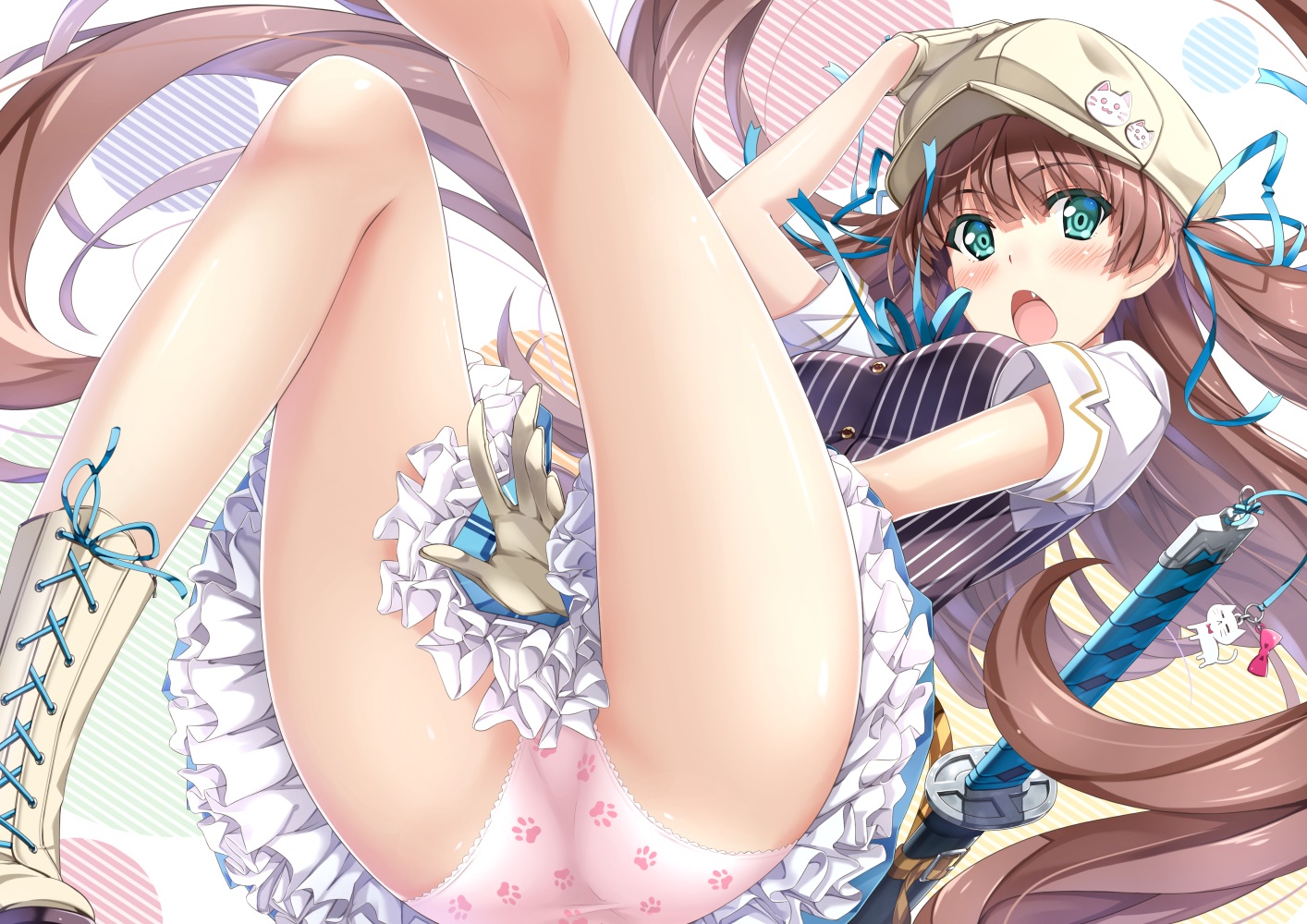 aliasing, aqua_eyes, ass, boots, brown_hair, gloves, hat, katana, long_hair, original, panties, ribbons, skirt, sword, twintails, underwear, upskirt, weapon, yukikaze_(aaassszzz)